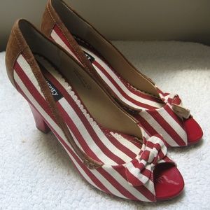 NEW Naughty Monkey Stripped Red/Cream Canvas Heels